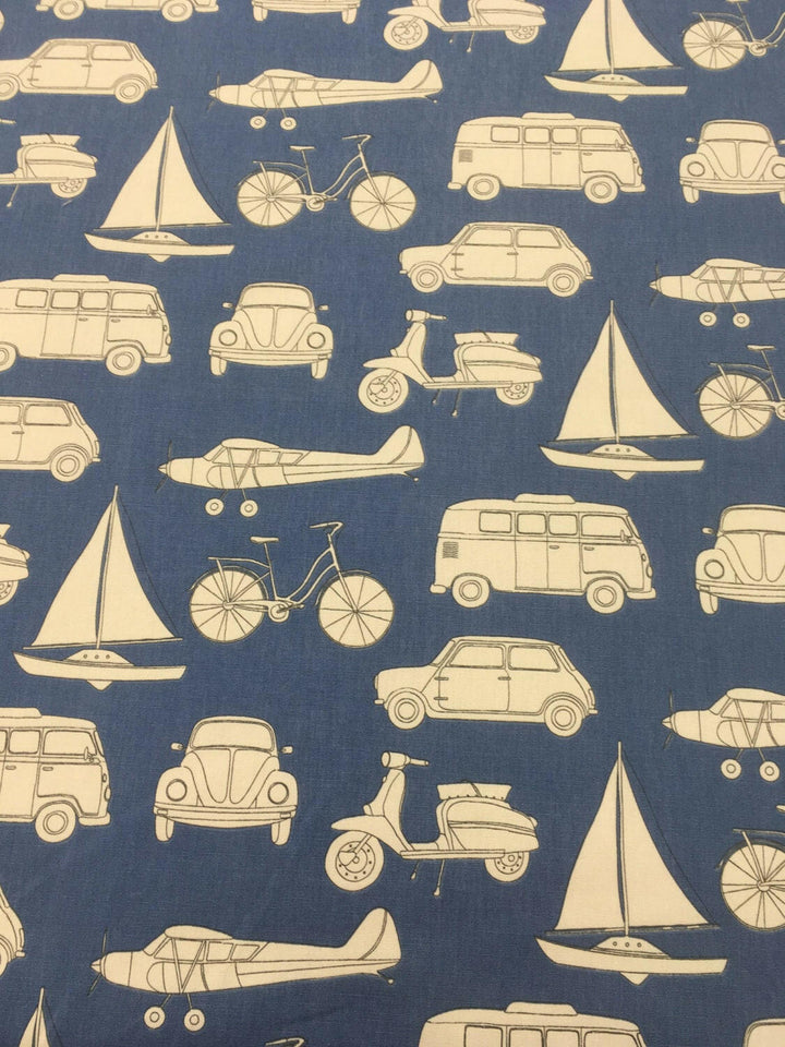 Fryetts 'Automobiles' Dark Blue Designer Fabric - Buy Per Metre.