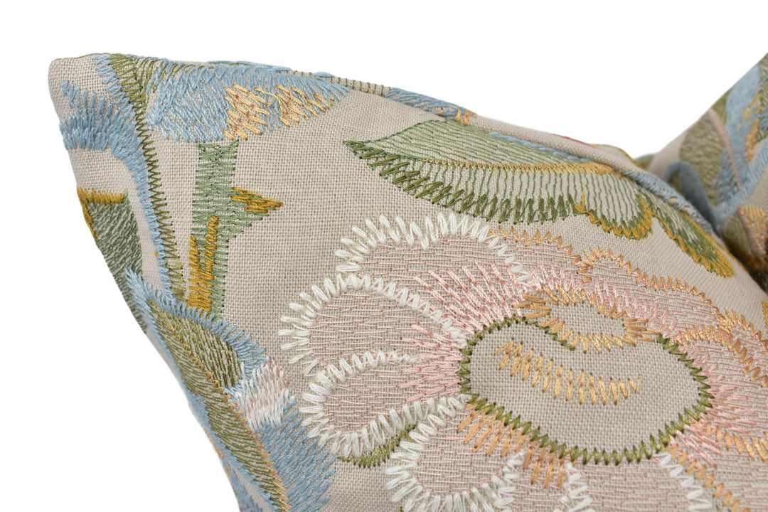 Colefax and Fowler - Tapestry Flowers - Coral - Unique Embroidered Floral Cushion Cover - Custom Arts and Crafts Pillow Cover - Colourful.