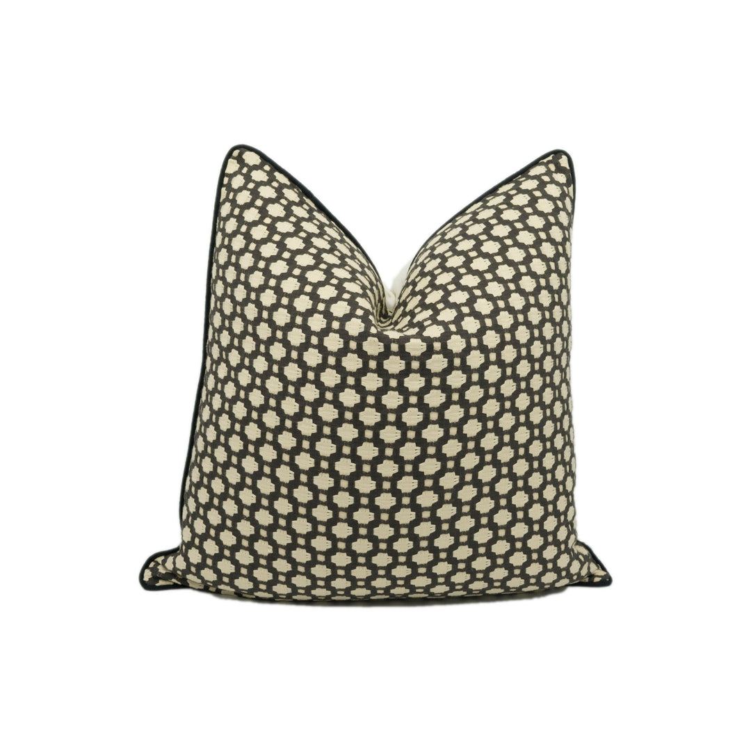Schumacher - Betwixt - Charcoal / Ecru - Textural Woven Geometric Contrast Piped Cushion Cover - Handmade Throw Pillow - Designer Home Décor.