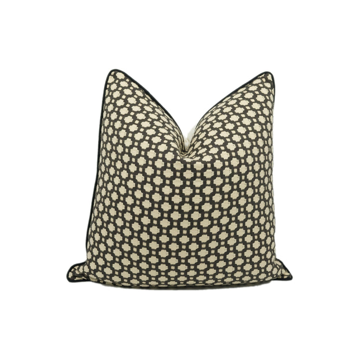 Schumacher - Betwixt - Charcoal / Ecru - Textural Woven Geometric Contrast Piped Cushion Cover - Handmade Throw Pillow - Designer Home Décor.