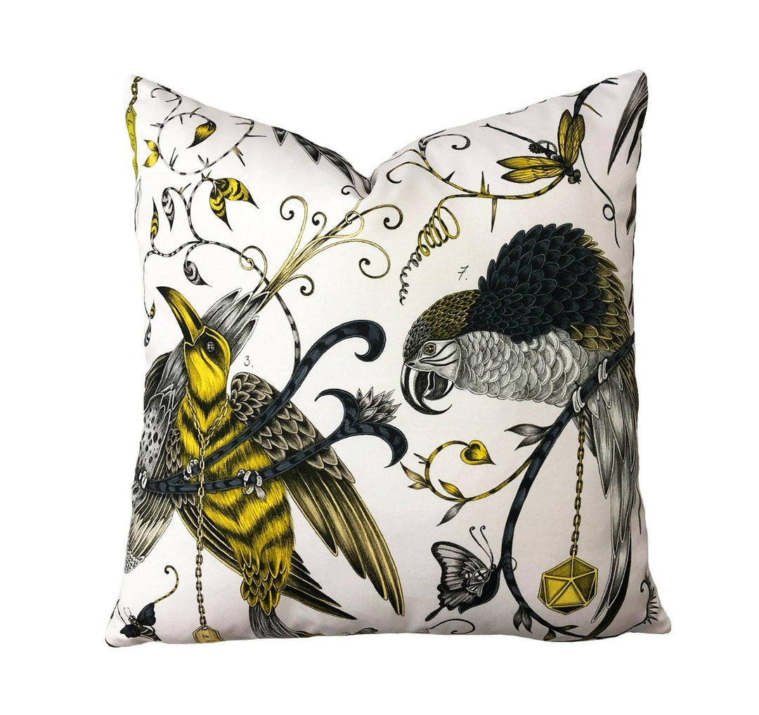 White & Gold Maximalist Fantasy Tropical Birds - Bold Flora and Fauna Designer Cushion Cover - Luxury Throw Pillow - Handmade Home Decor.