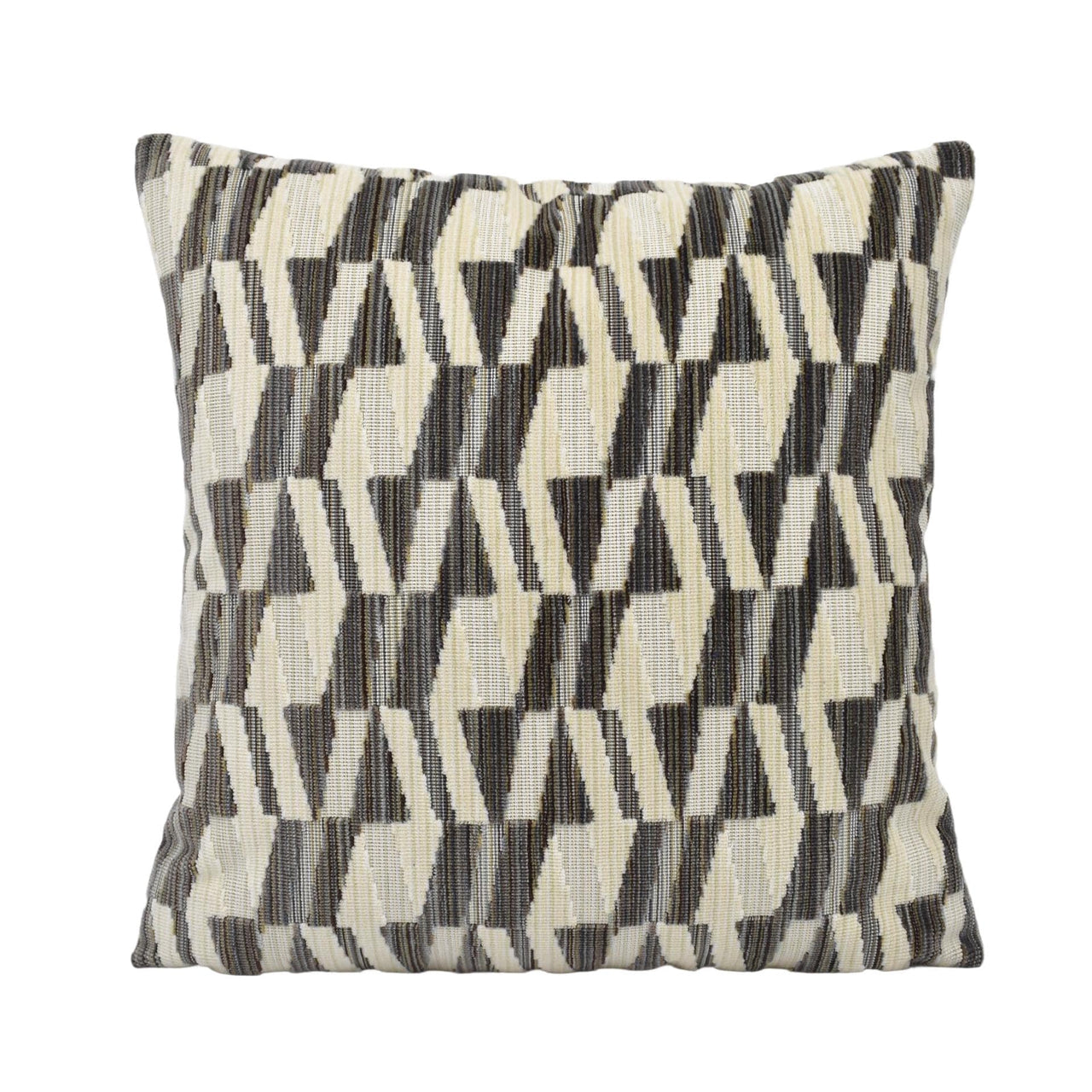 a black and white pillow on a white background