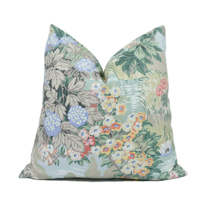 Jane Churchill - Greenway - Soft Green / Pink - Beautiful Scenic Flora and Fauna Cushion Cover - Handmade Throw Pillow - Designer Home Décor.