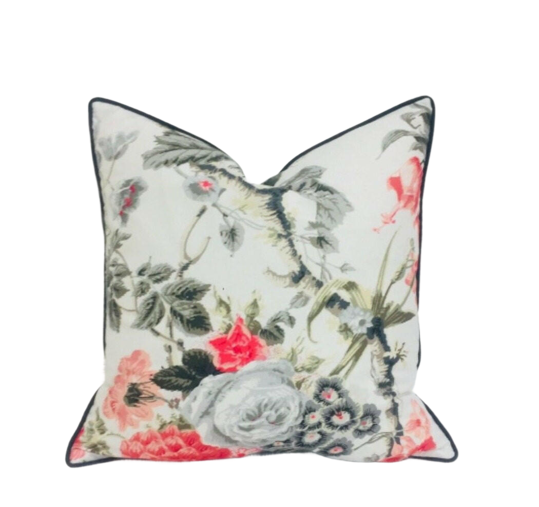 Schumacher - Elizabeth - Rouge / Grey - Fabulous Floral Designer Cushion Cover - Handmade Throw Pillow - Luxury Home Decor.