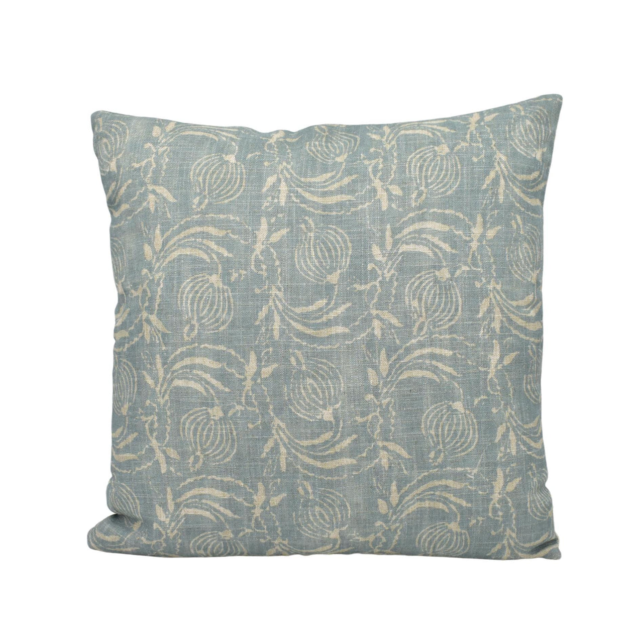 a blue and white pillow with a pattern on it