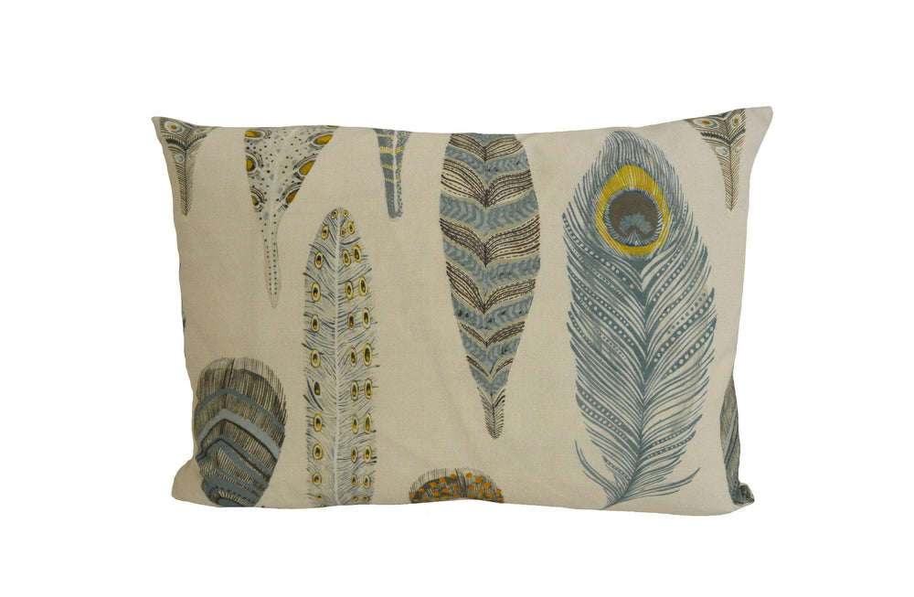 Voyage - Samui Print - Peacock - Quirky Intricate Painted Feather Cushion Cover - Handmade Throw Pillow Designer Home Decor.