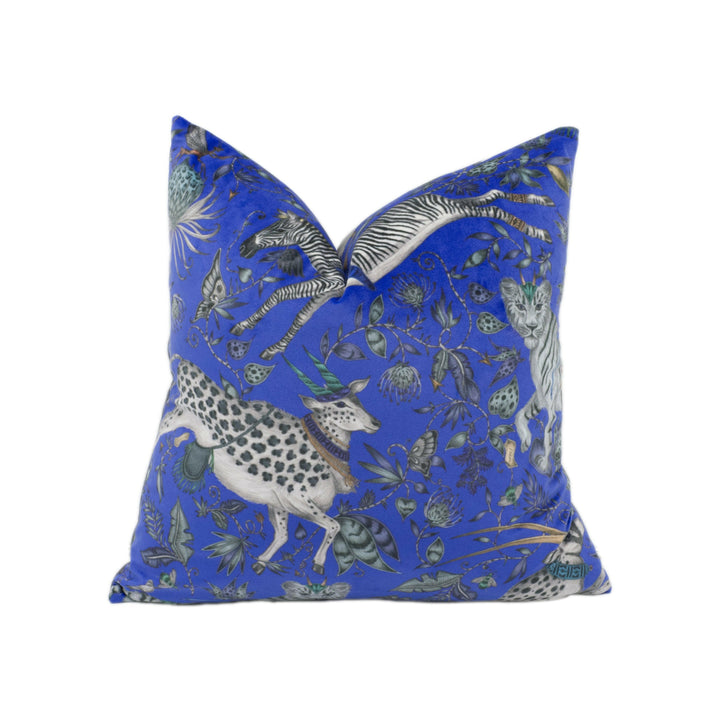 Blue Funky Maximalist African Floral and Fauna  - Bold Tiger and Zebra Wildlife Designer Cushion Cover - Luxury Throw Pillow - Handmade.