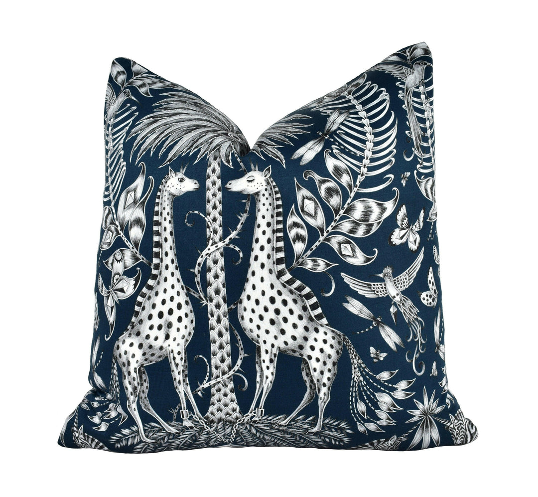 Blue Funky Maximalist Fantasy Giraffes and Zebras  - Bold Flora and Fauna Designer Cushion Cover - Luxury Throw Pillow - Handmade Home.