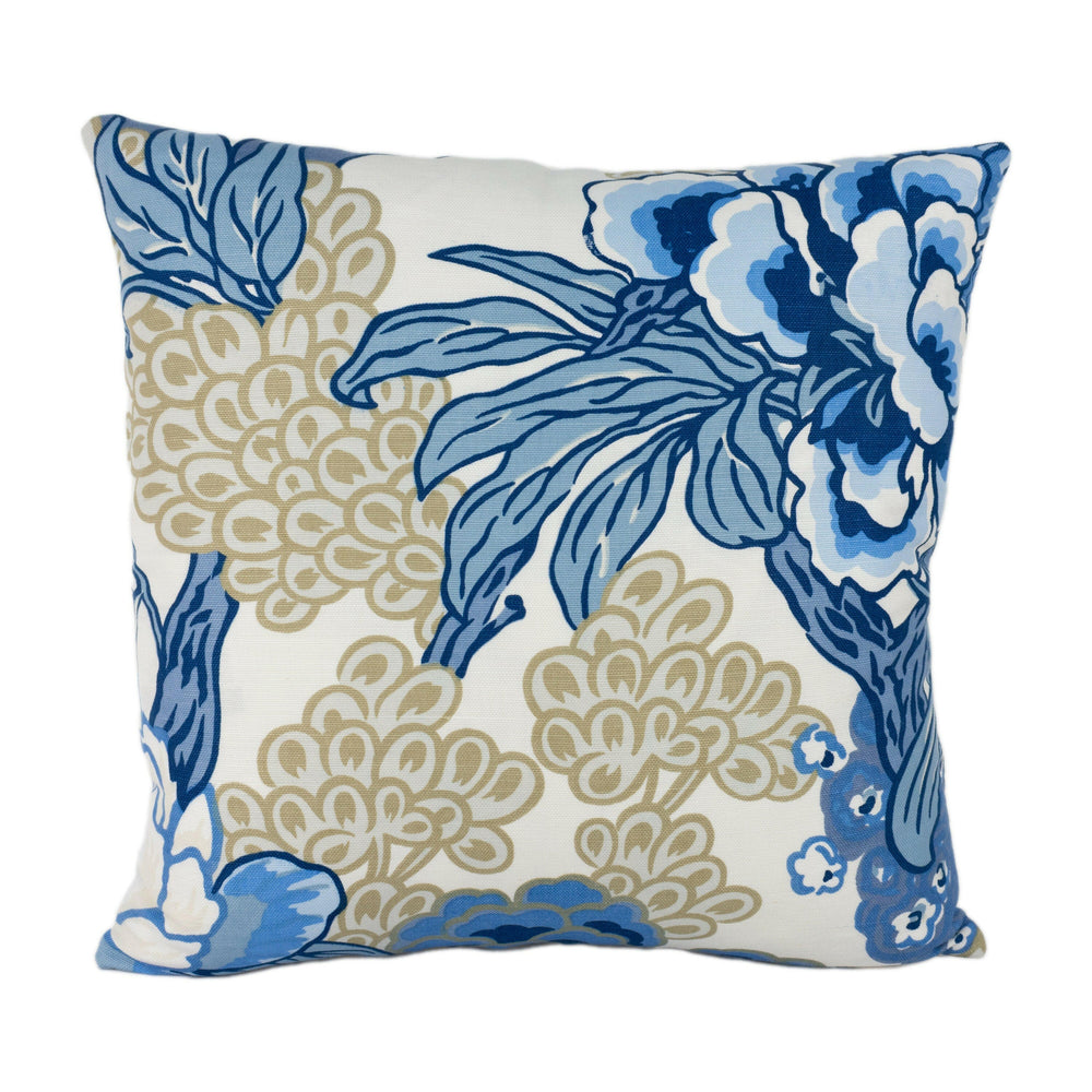 Thibaut - Honshu - Blue / Beige - Large Scale Floral Japanese Garden Designer Cushion Cover - Luxury Throw Pillow - Handmade Home Decor.