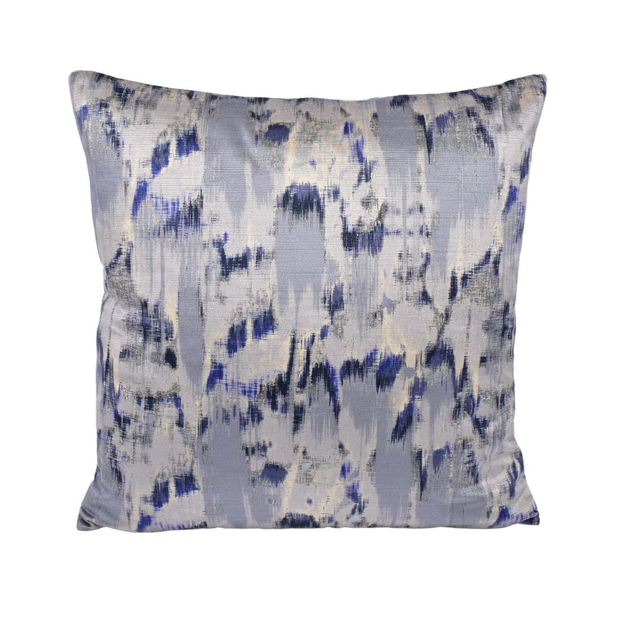 a blue and white pillow on a white background