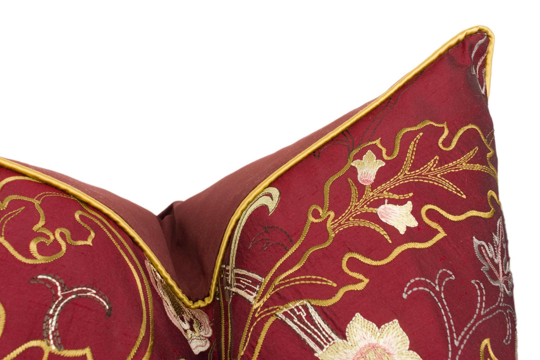 William Morris - Mary Isobel Embroideries - Wine / Rose - Contrast Piped Cushion Cover Throw Pillow Designer Home Decor.