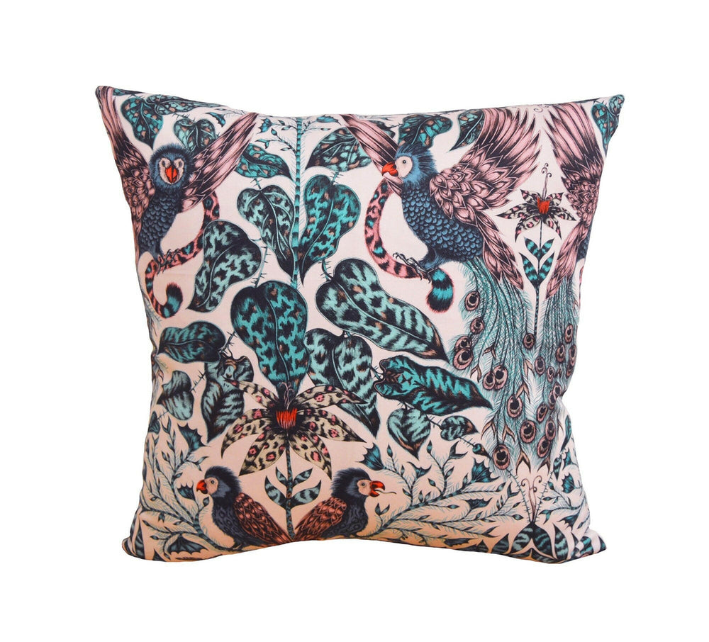 Pink Funky Maximalist Fantasy Tropical Birds and Tigers  - Bold Flora and Fauna Designer Cushion Cover - Luxury Throw Pillow - Handmade.