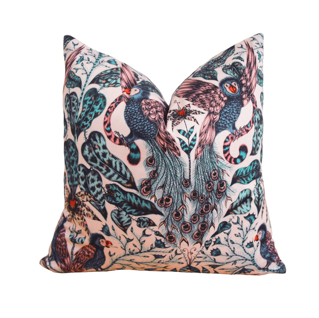 Pink Funky Maximalist Fantasy Tropical Birds and Tigers  - Bold Flora and Fauna Designer Cushion Cover - Luxury Throw Pillow - Handmade.