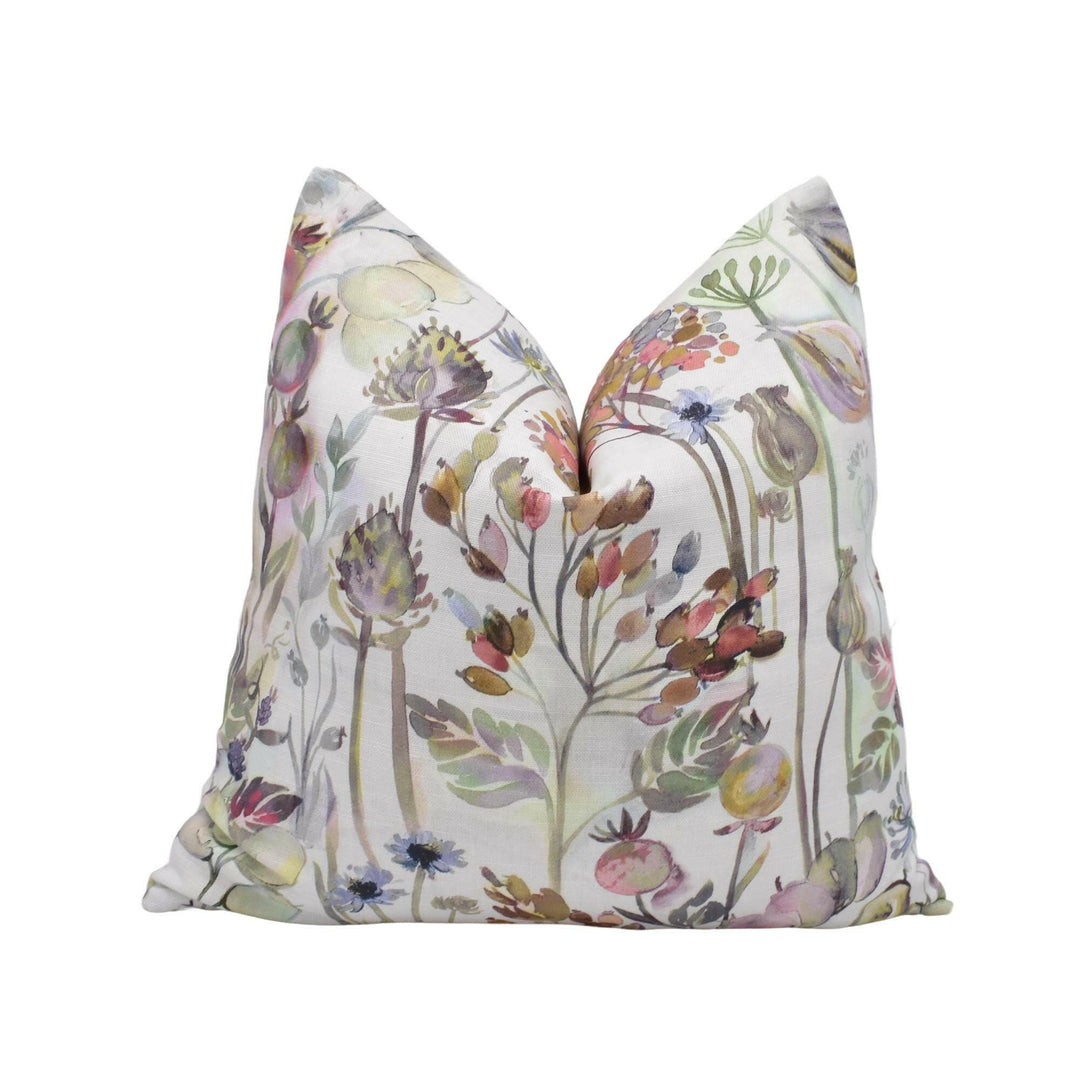 Voyage - Country Hedgerow - Dusk Cream - Rustic Watercolour Floral Meadow Cushion Cover - Handmade Throw Pillow - Traditional Designer Home.