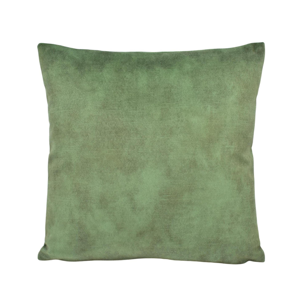 A square green throw pillow against a white background.