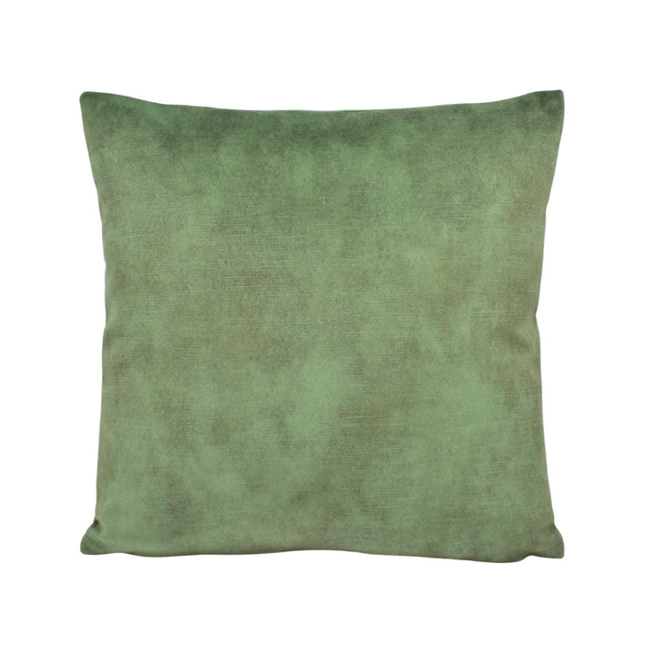 A square green throw pillow against a white background.