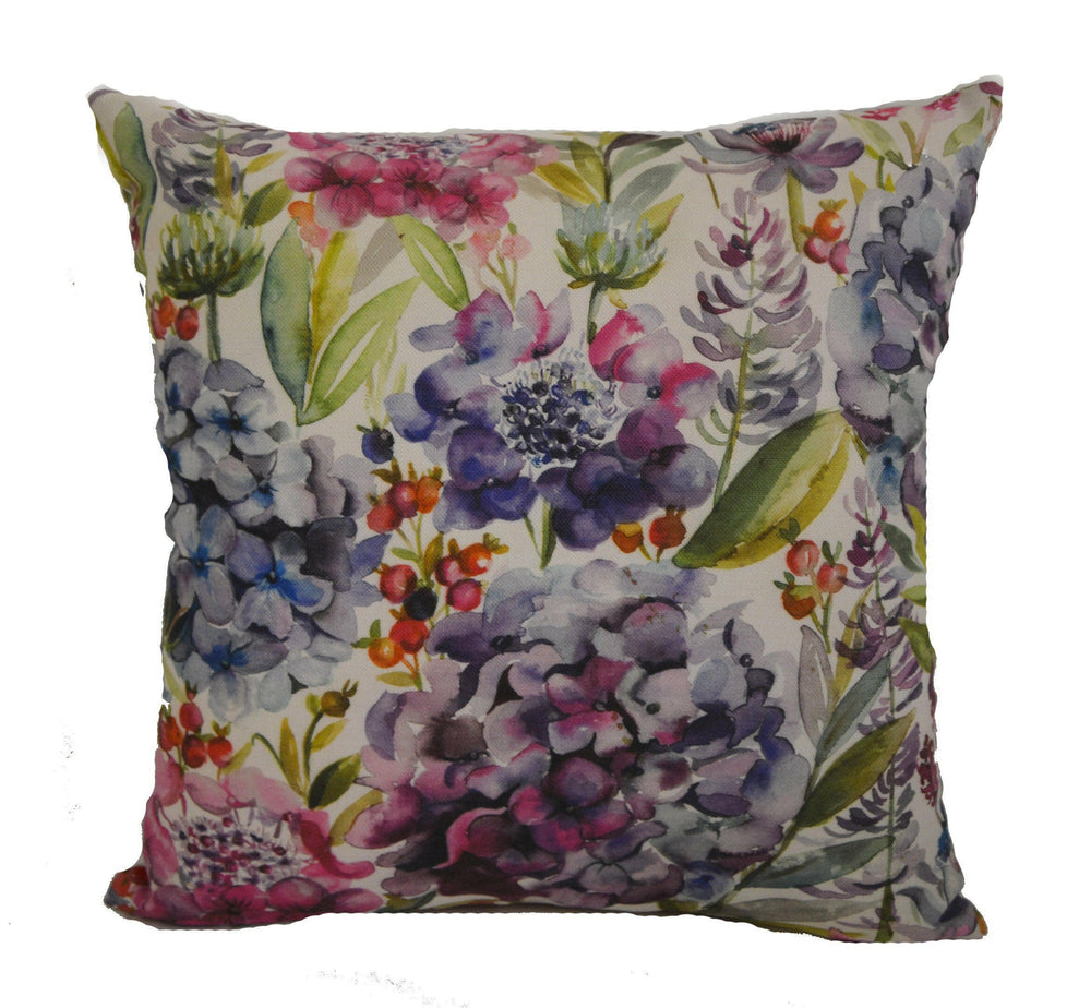 Voyage - Hydrangea - Cream / Grape - Beautiful Watercolour Meadow - Floral Cushion Cover - Handmade Throw Pillow Designer Home Decor.