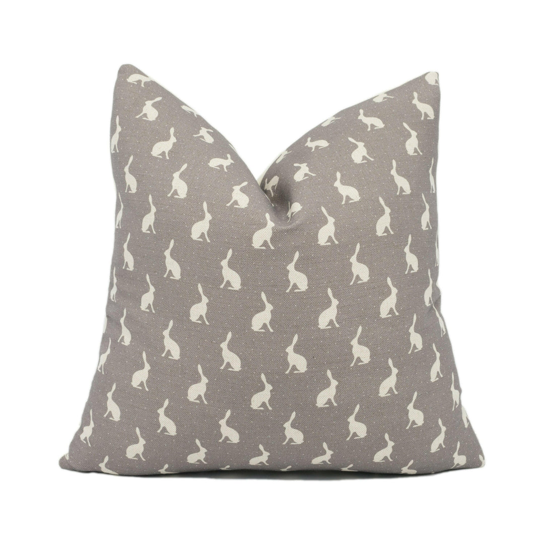 Peony & Sage - Mini Hops - Mud Background on Oatmeal Linen - Fun Bunny Rabbit Cushion Cover - Handmade Throw Pillow - Designer Home Décor.