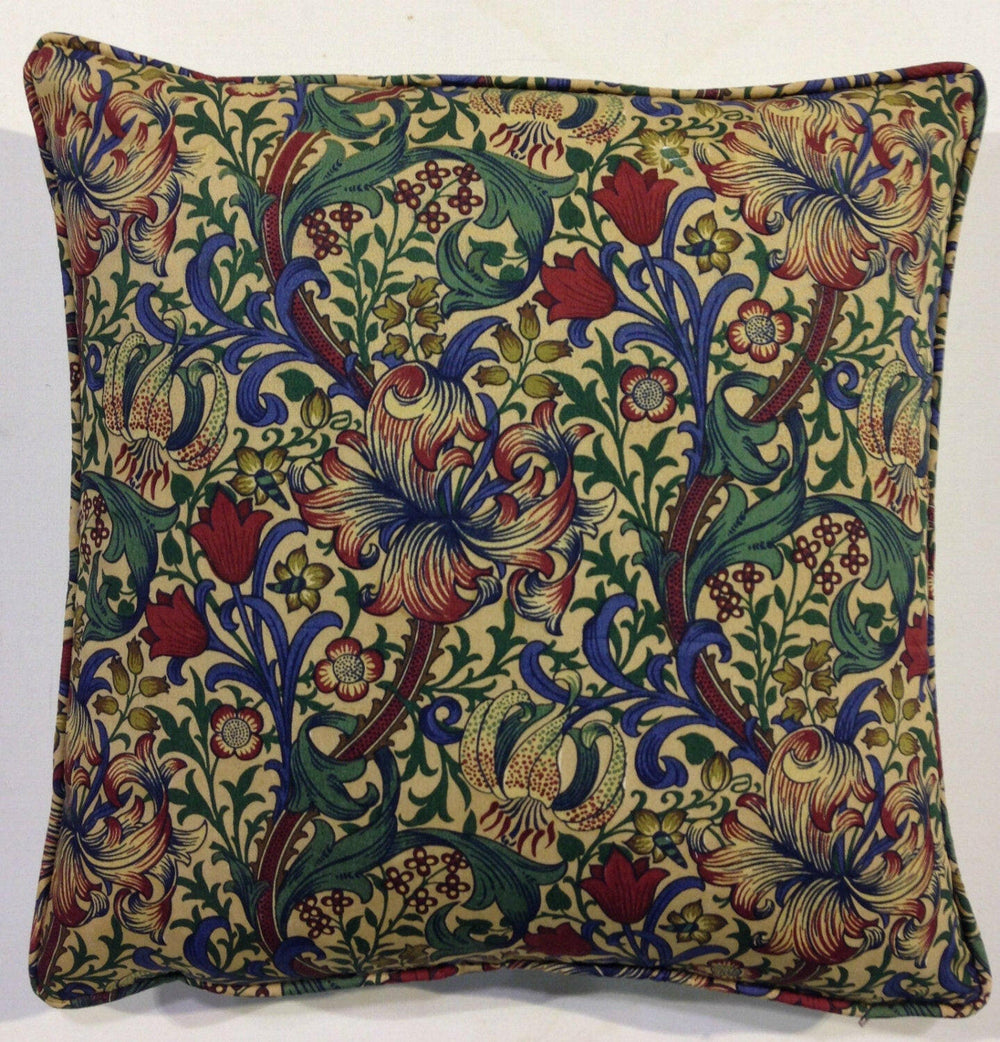William Morris - Golden Lily Minor - Biscuit / Indigo / Red - Cushion Cover Throw Pillow Designer Home Decor.