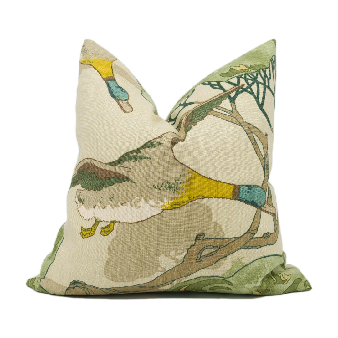 Mulberry - Flying Ducks - Emerald - Majestic Mallard Duck Art Deco Designer Cushion Cover - Luxury Throw Pillow - Handmade Home Decor.