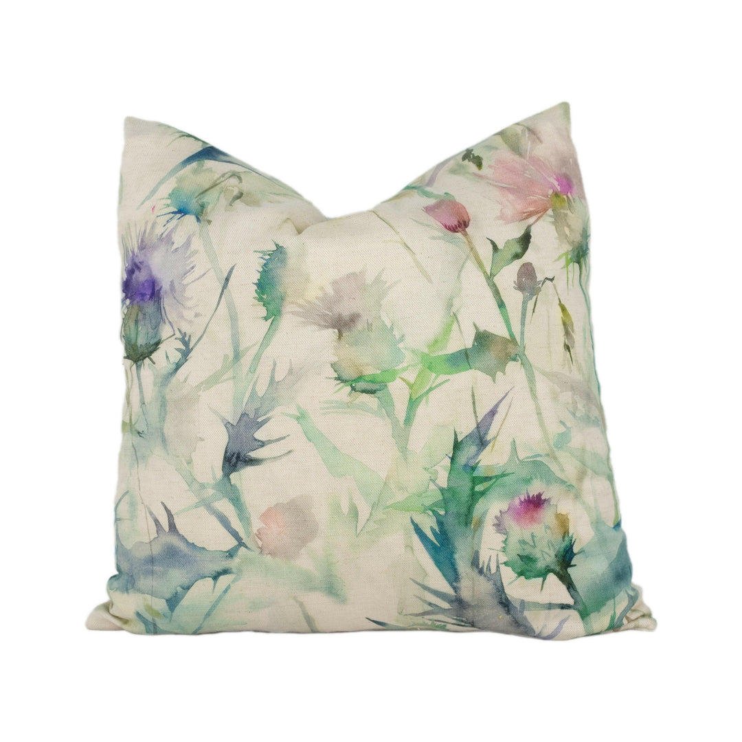 Voyage - Cirsium - Damson / Natural - Stunning Floral Watercolour Thistle Cushion Cover - Handmade Throw Pillow Designer Home Decor.