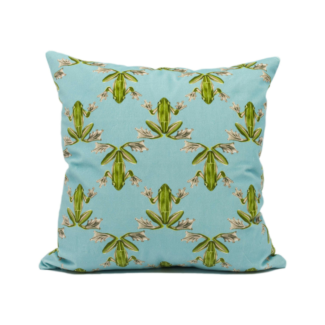 Harlequin - Wood Frog Velvet - Azul / Forest - Whimsical Trellis Pattern Frogs Cushion Cover - Handmade Throw Pillow - Designer Home Décor.