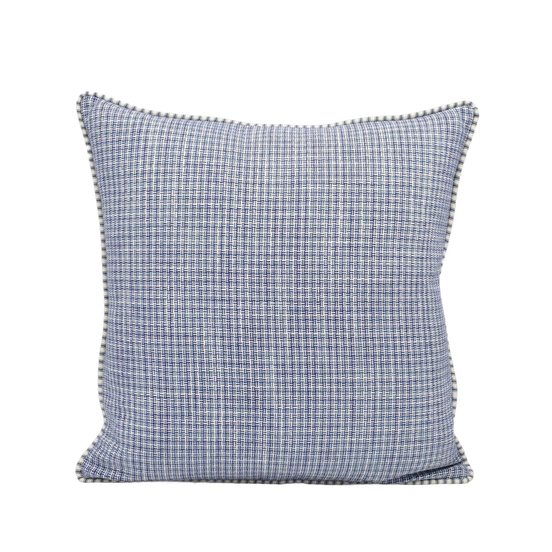 A square throw pillow with a blue and white checkered pattern.