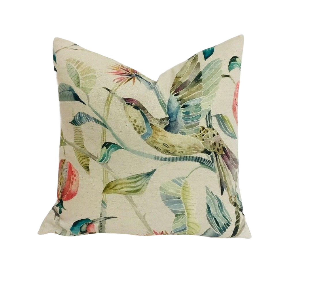 Voyage - Colyford  - Pomegranate - Lively Stained Glass Watercolour Bird Cushion Cover - Handmade Throw Pillow Designer Home Decor.