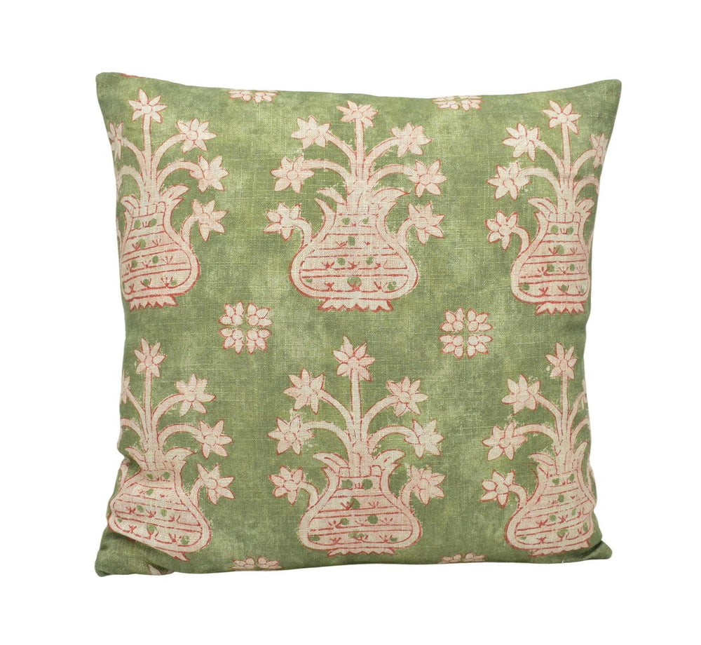 Susan Deliss - Artemis - Sage Green - Turkish Block Print Floral Designer Cushion Cover - Traditional Linen Pillow Cover - Green Cushion.