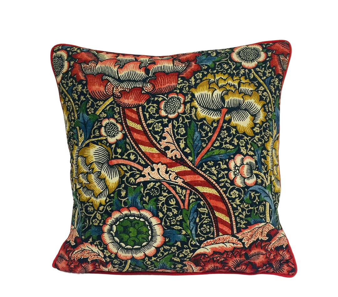 William Morris - Wandle - Indigo / Carmine - Contrast Piped Cushion Cover Throw Pillow Designer Home Decor.