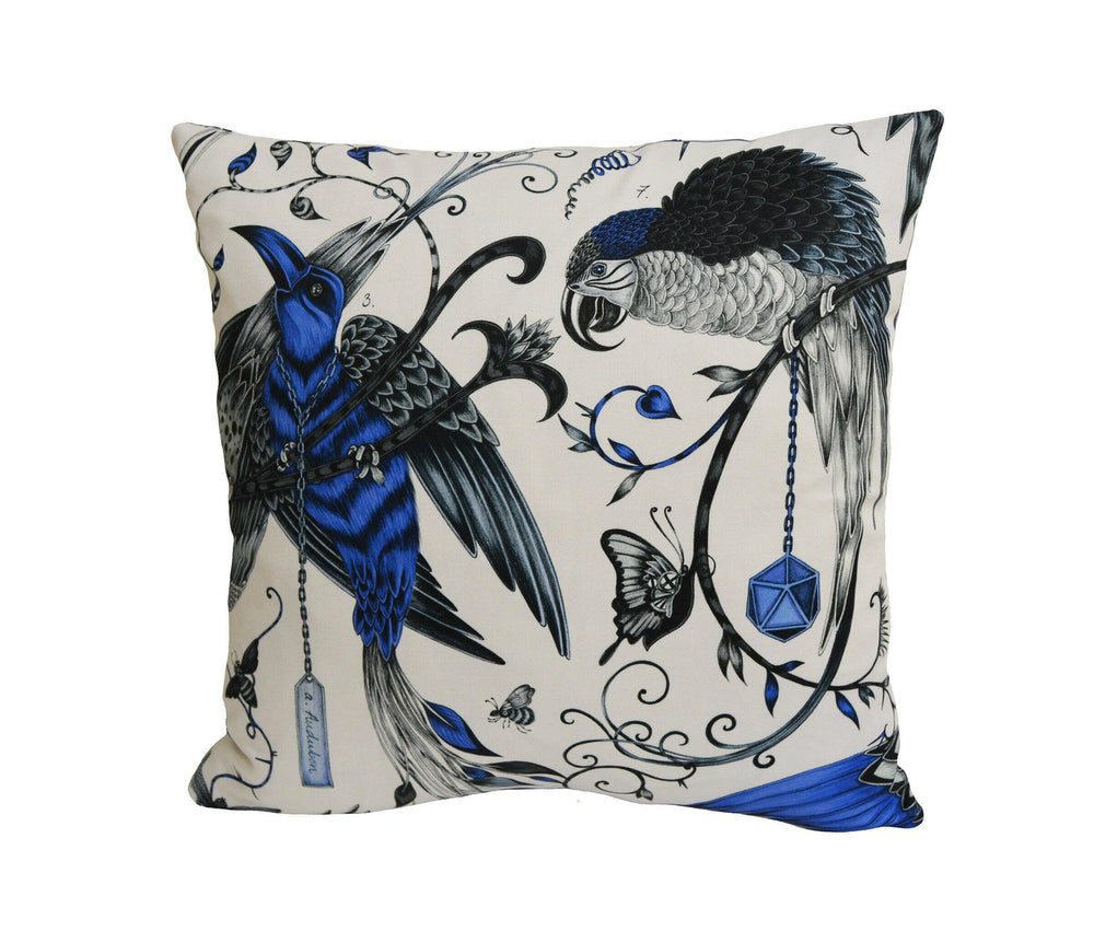 Blue & White Maximalist Fantasy Tropical Birds - Bold Flora and Fauna Designer Cushion Cover - Luxury Throw Pillow - Handmade Home Decor.