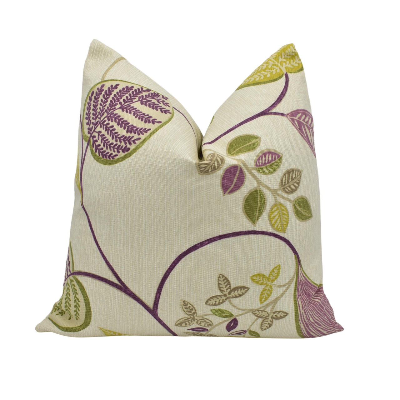 a white pillow with purple and green leaves on it