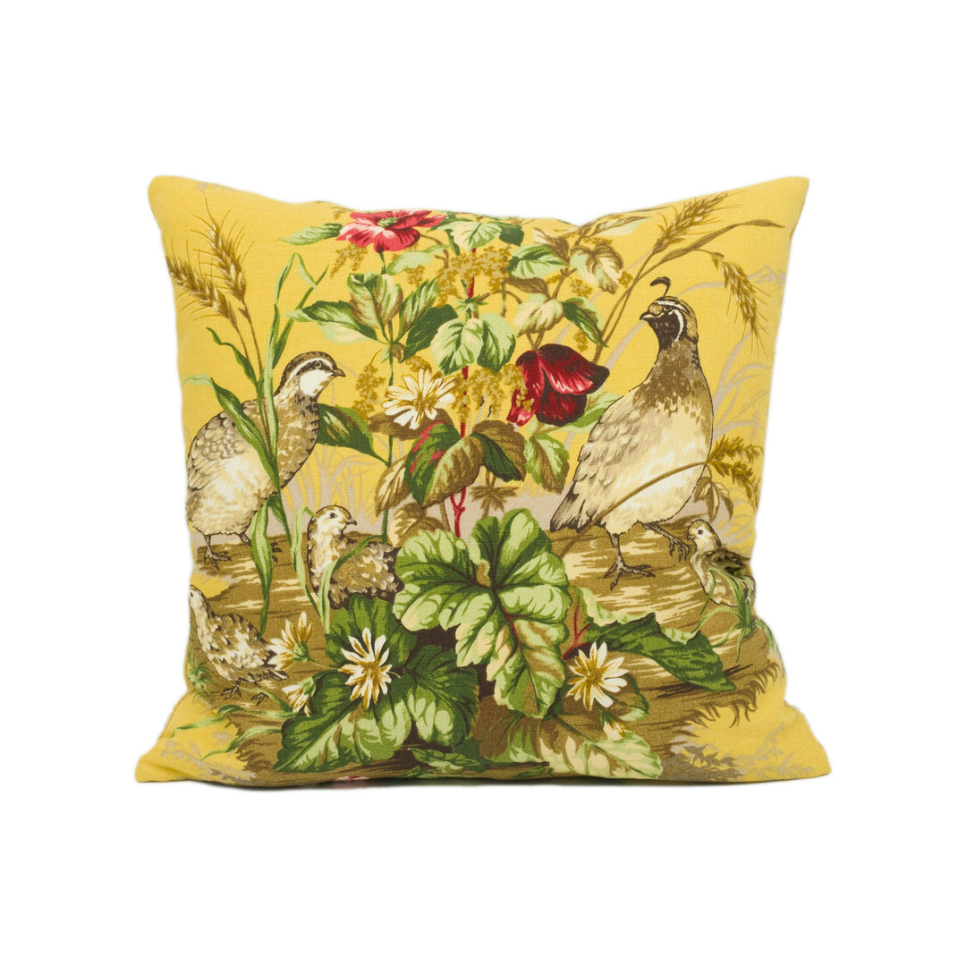 Scalamandre - Edwin's Covey - Multi on Mustard - Traditional Quail Family Designer Cushion Cover - Luxury Throw Pillow - Handmade Home Decor.