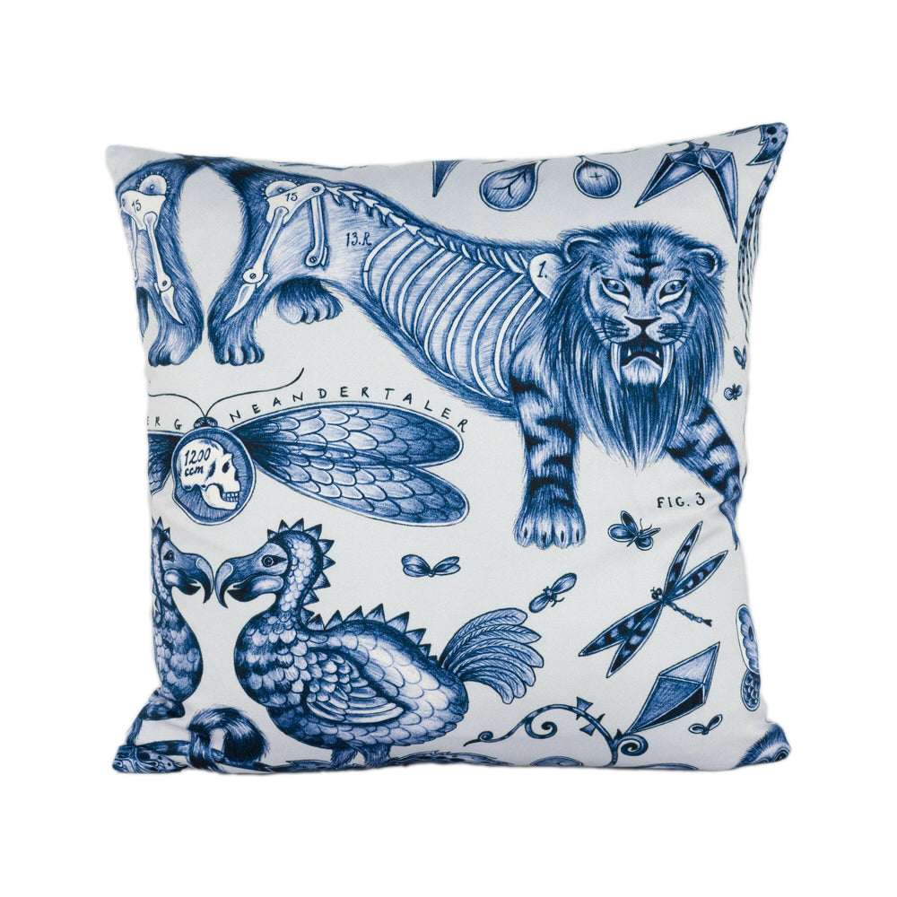 Blue & White Bold Maximalist Monkey Lion Fantasy Designer Cushion Cover - Bold Flora and Fauna Luxury Throw Pillow - Funky Handmade Decor.
