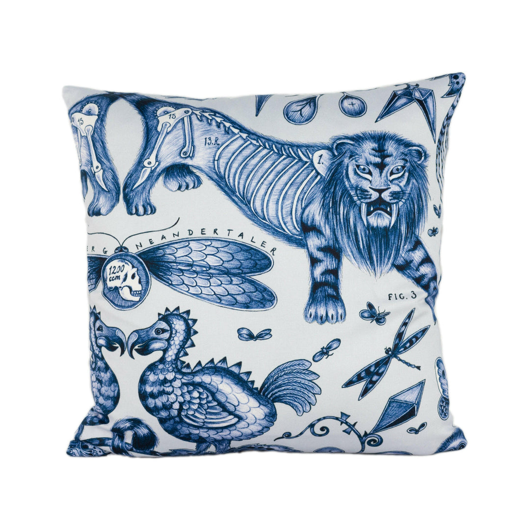 Blue & White Bold Maximalist Monkey Lion Fantasy Designer Cushion Cover - Bold Flora and Fauna Luxury Throw Pillow - Funky Handmade Decor.