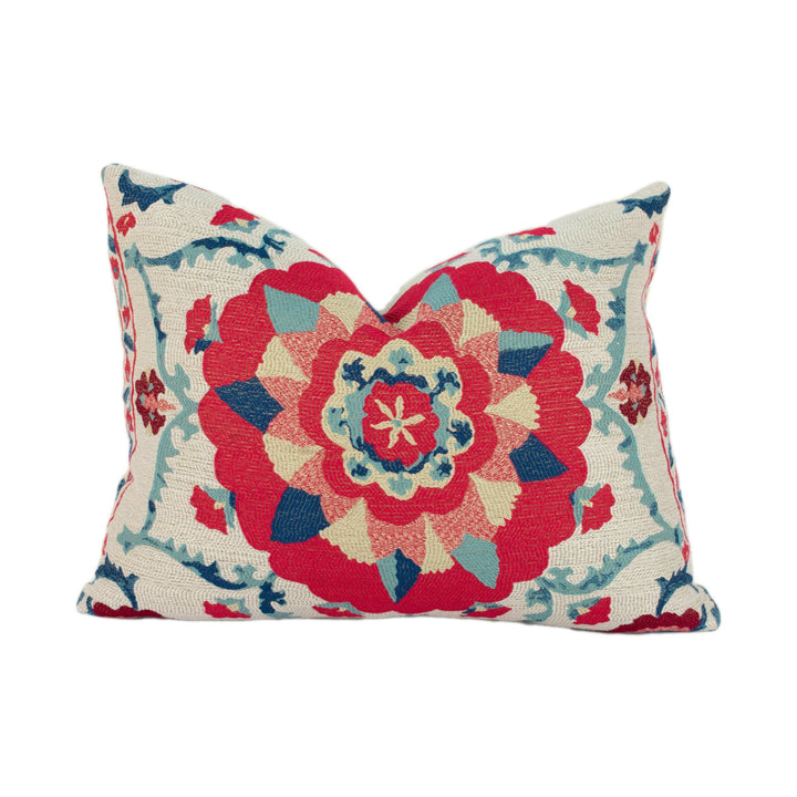 Sanderson - Anthos - Indigo / Red - Woven Jacquard Uzbekistani Suzani Inspired Designer Cushion Cover - Luxury Throw Pillow - Handmade Home.