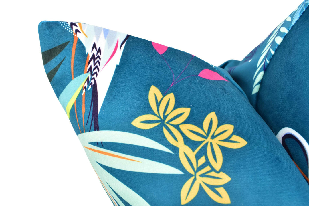 Teal Heron Velvet Designer Cushion Cover - Luxury Velvet Throw Pillow - Tropical Fantasy Maximalist Pillow Cover - Custom Handmade Pillow.