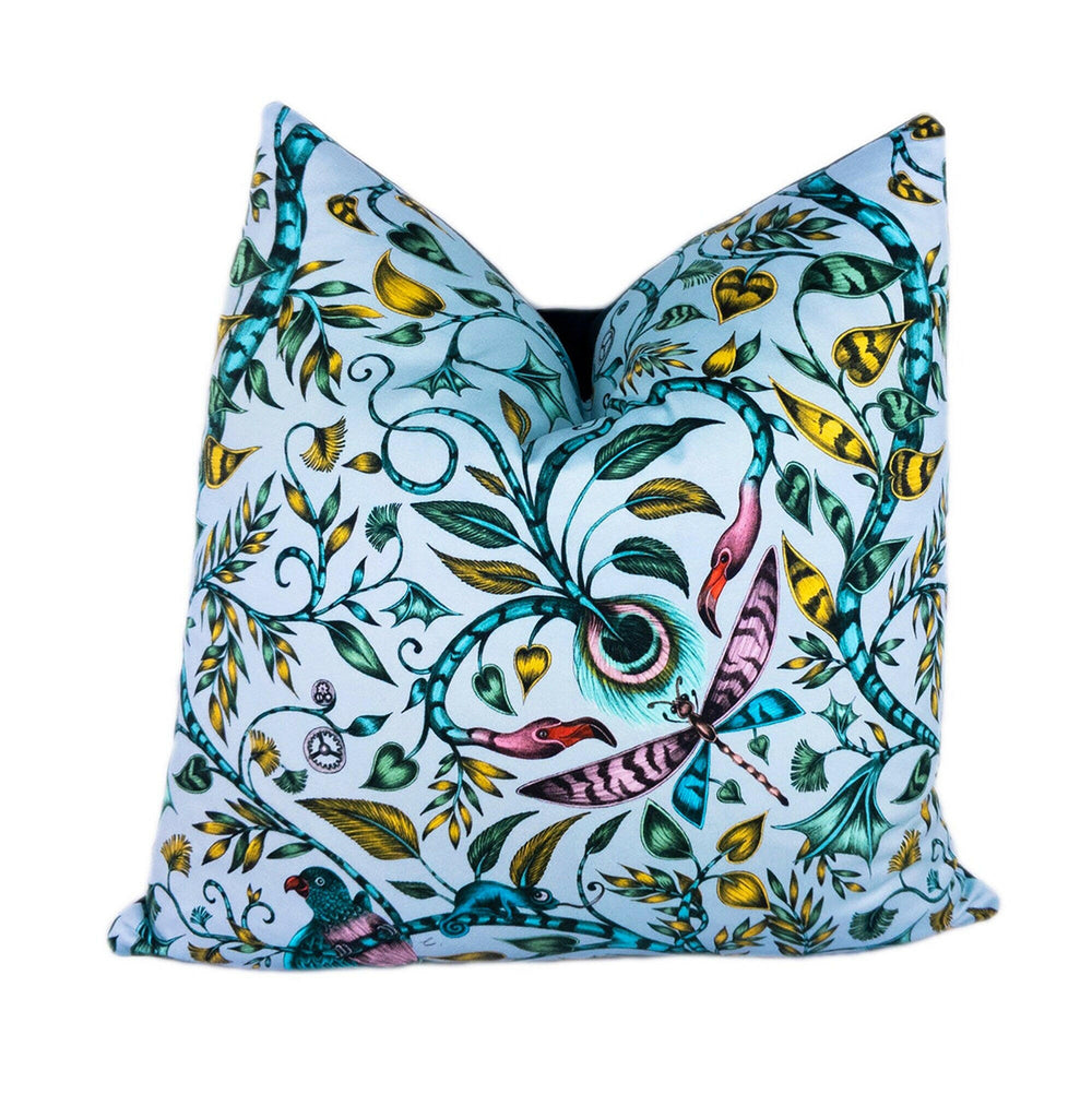 Blue Funky Maximalist Fantasy Tropical Birds - Bold Flora and Fauna Designer Cushion Cover - Luxury Throw Pillow - Handmade Home Decor.