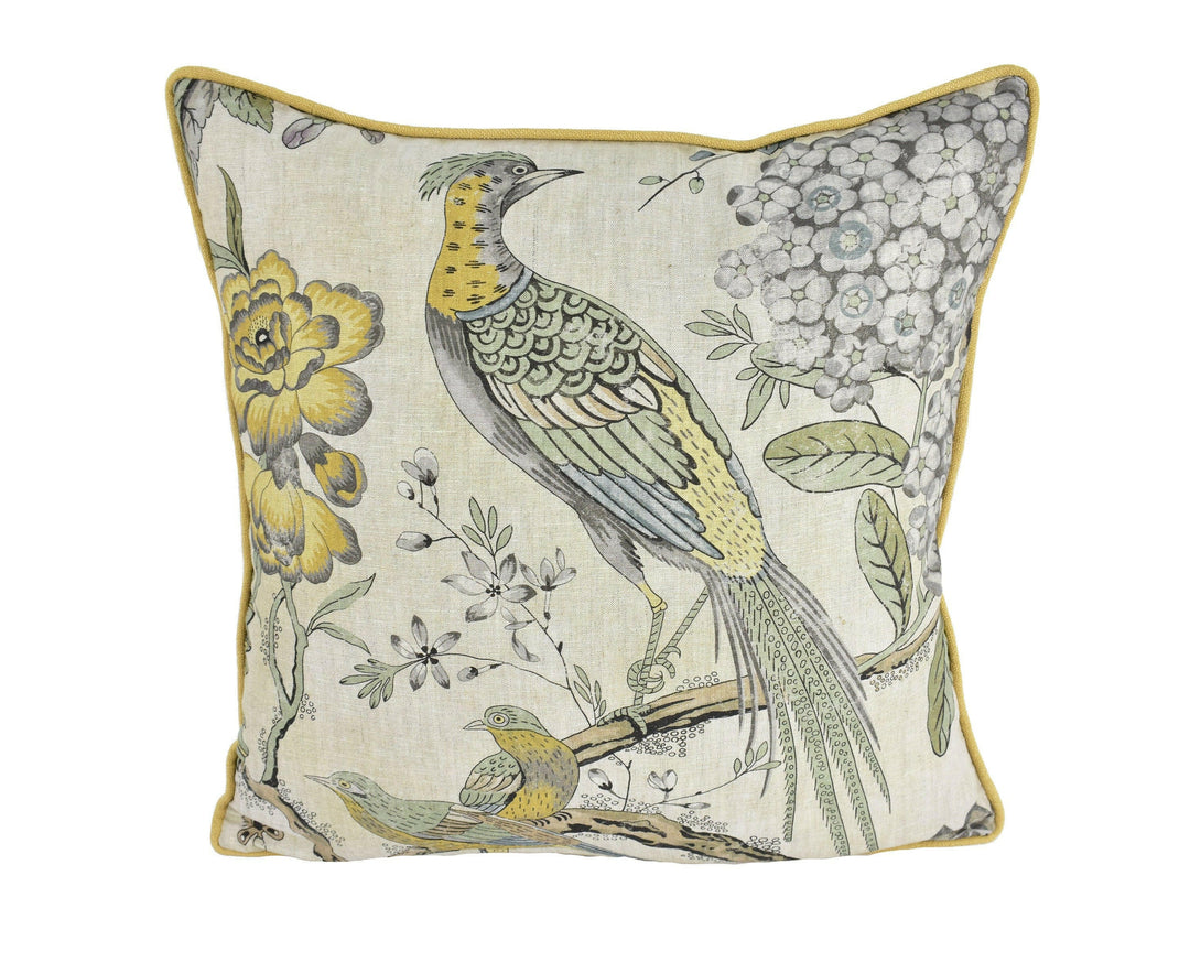 Anna French x Thibaut - Villeneuve - Yellow and Grey - Antique Avant Garde Bird Designer Cushion Cover - Luxury Throw Pillow - Handmade.