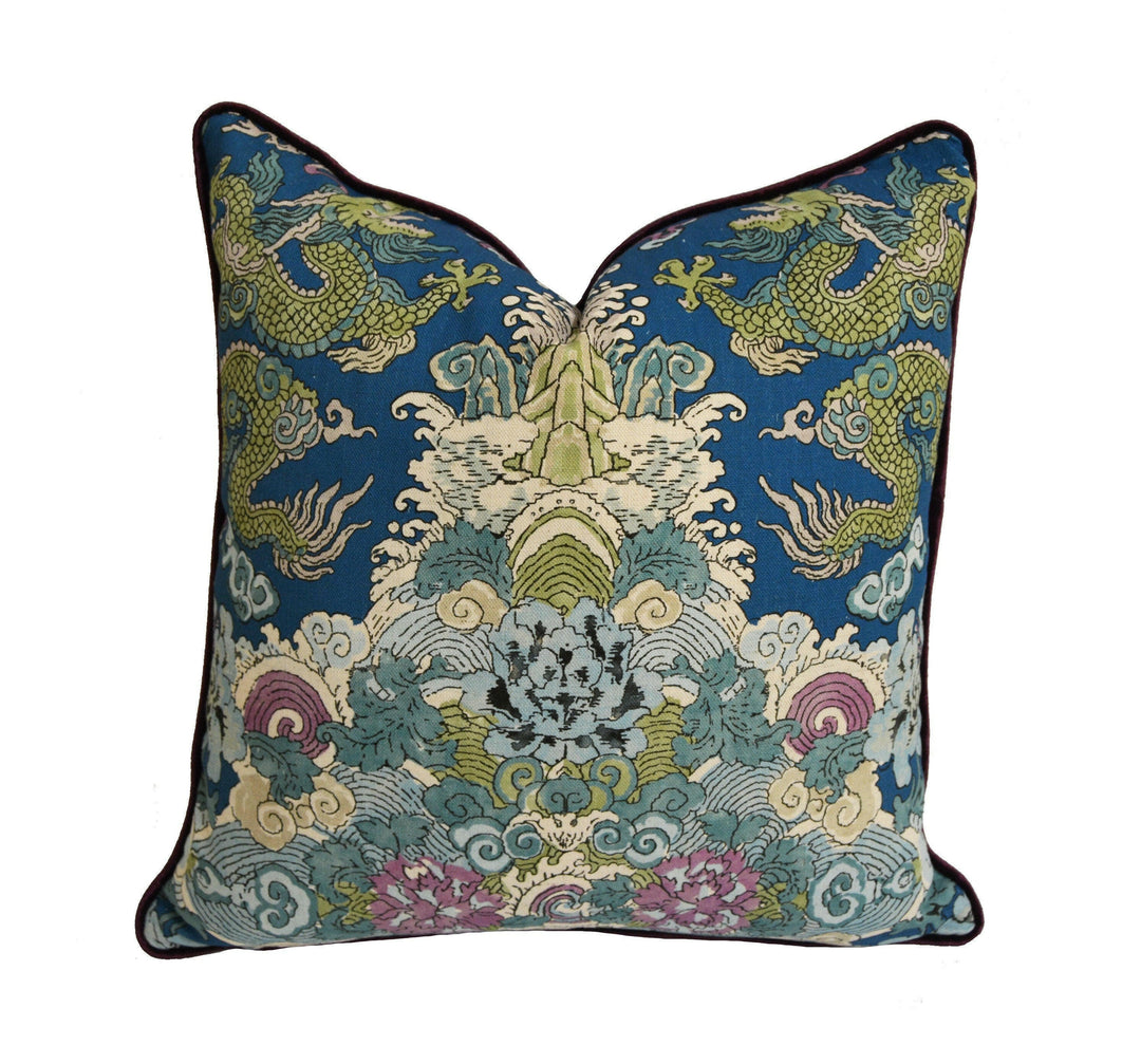 Schumacher - Magic Mountain Dragon - Blue - Fantastical Exotic Statement Cushion Cover - Handmade Throw Pillow - Luxury Home Decor.