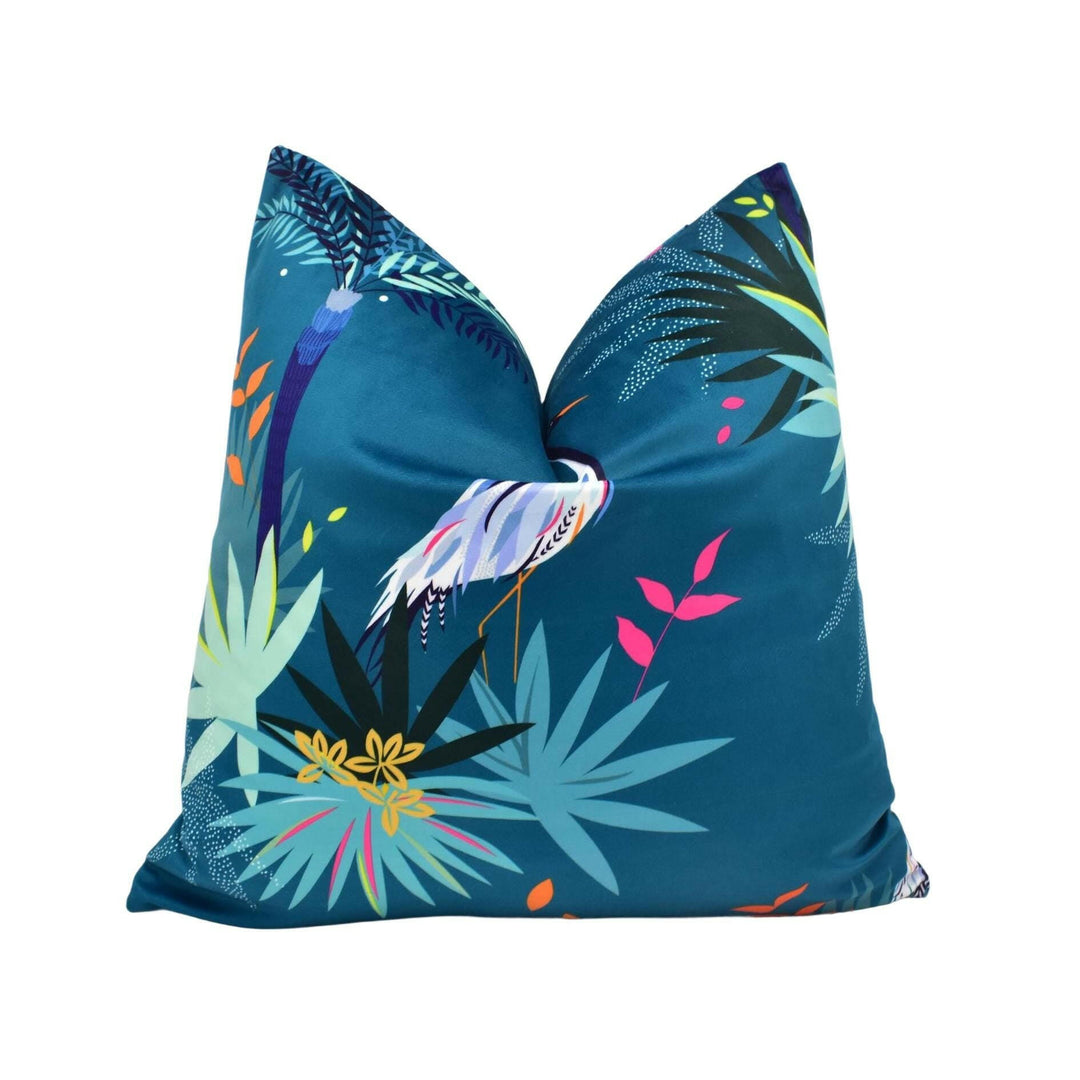 Teal Heron Velvet Designer Cushion Cover - Luxury Velvet Throw Pillow - Tropical Fantasy Maximalist Pillow Cover - Custom Handmade Pillow.