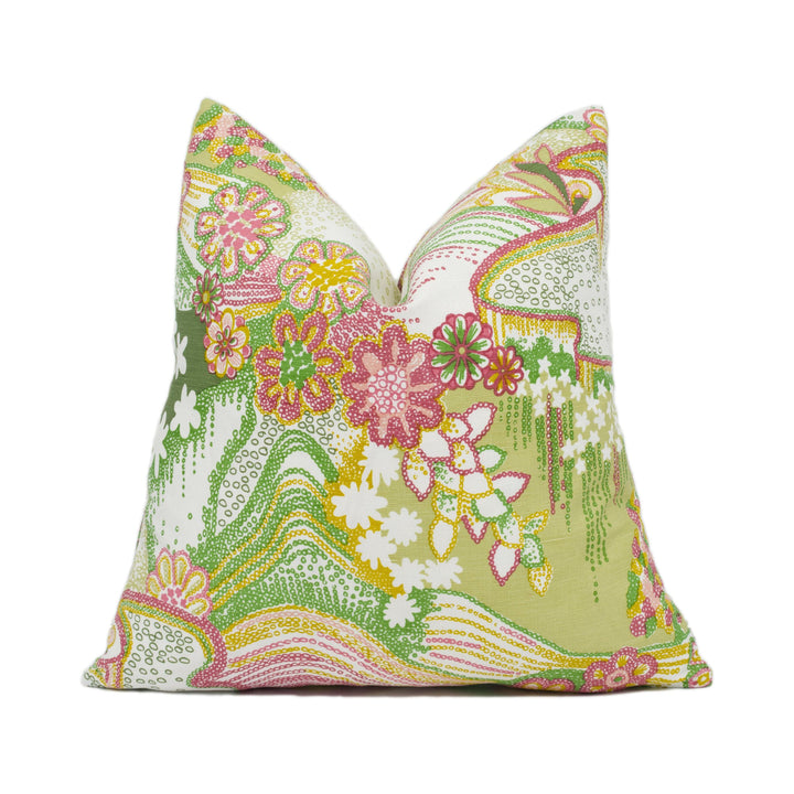 Clements Ribeiro x Schumacher - Daisy Chain - Green and Pink - 1970's Style Trippy Psychedelic Rolling Hills Designer Cushion Cover - Luxury