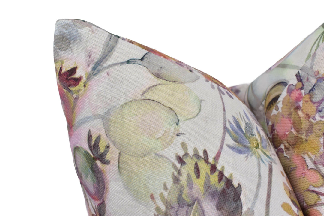 Voyage - Country Hedgerow - Dusk Cream - Rustic Watercolour Floral Meadow Cushion Cover - Handmade Throw Pillow - Traditional Designer Home.