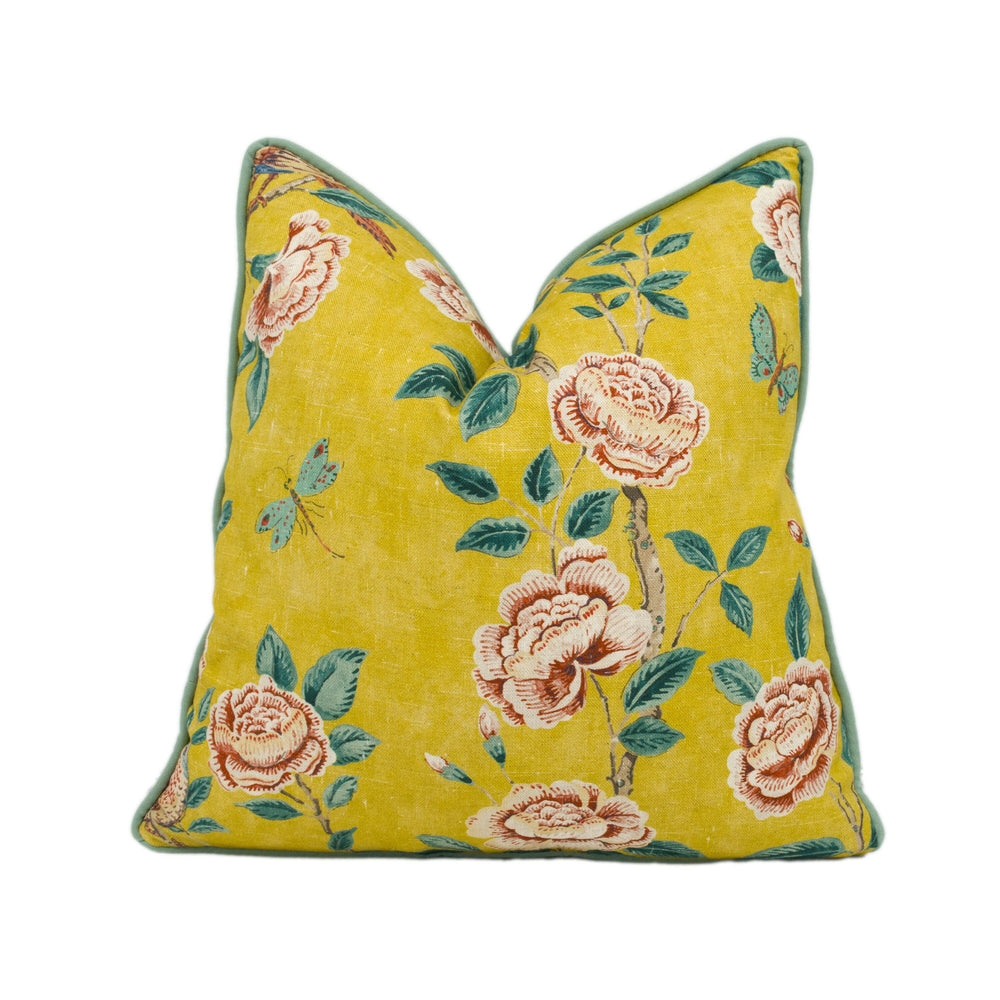 Sanderson - Andhara - Saffron / Teal - Classic Flora and Fauna Chinoiserie Designer Cushion Cover - Luxury Throw Pillow - Handmade Home Déco.