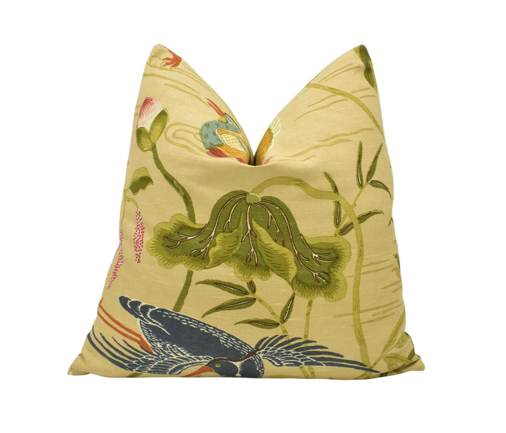 Schumacher - Lotus Garden - 1920's Japanese Designer Cushion Cover - Groovy Neutral Floral Pillow - Oriental Bird Pillow Floral Fauna Decor.