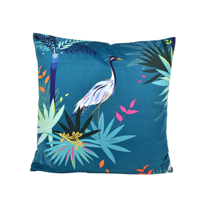 Teal Heron Velvet Designer Cushion Cover - Luxury Velvet Throw Pillow - Tropical Fantasy Maximalist Pillow Cover - Custom Handmade Pillow.