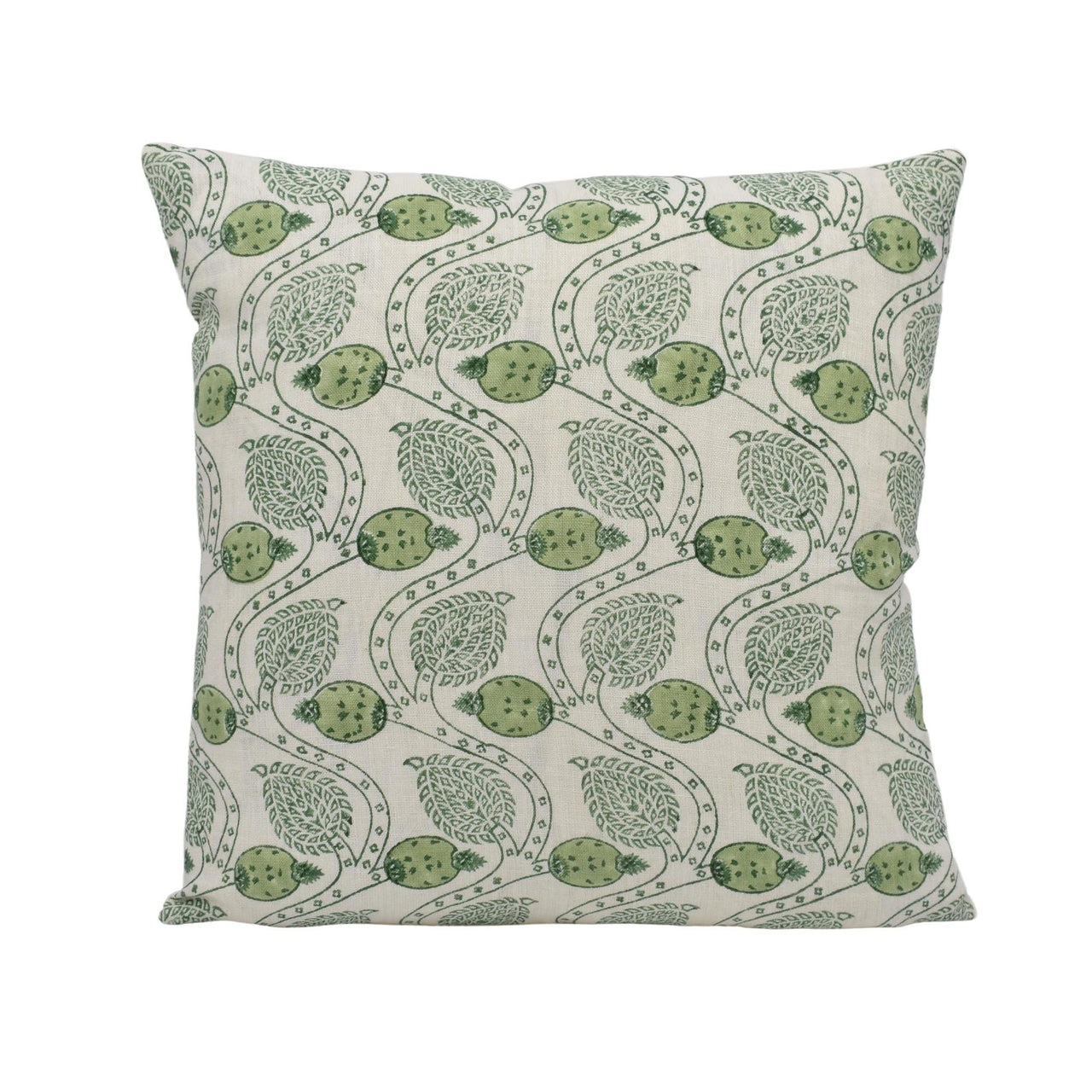 a green and white pillow on a white background