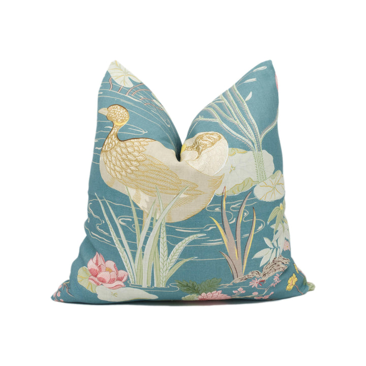 Lee Jofa - Luzon Print - Lagoon - Asian Inspired Water Birds Floral Cushion Cover - Handmade Throw Pillow - Designer Home Décor.