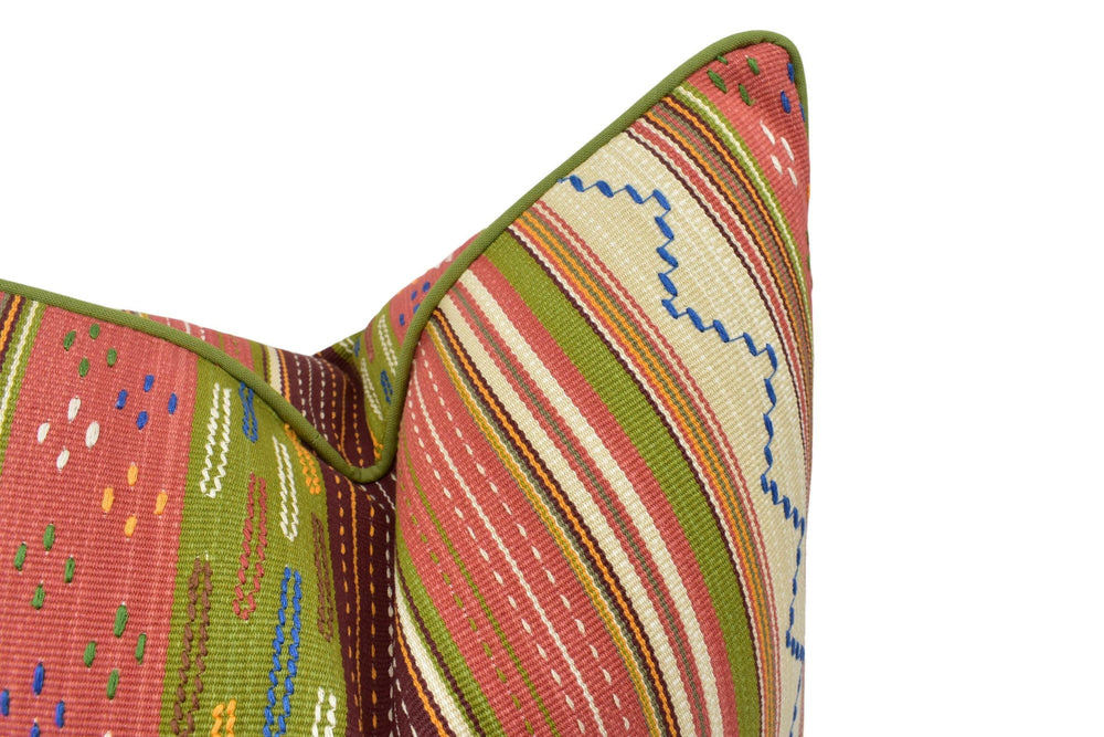 G P & J Baker x Kit Hemp - Runaway - Coral / Green - Complex Embroidered Stripe Designer Cushion Cover - Luxury Throw Pillow - Handmade Home.