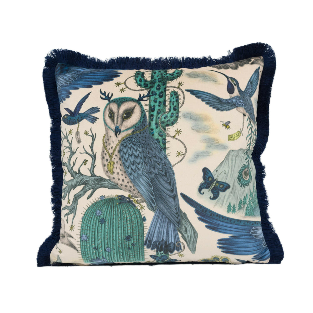 Blue Maximalist Desert Owl Flora and Fauna Designer Cushion Cover - Luxury Blue Fringe Desert Creatures Throw Pillow - Linen Cactus Scatter.